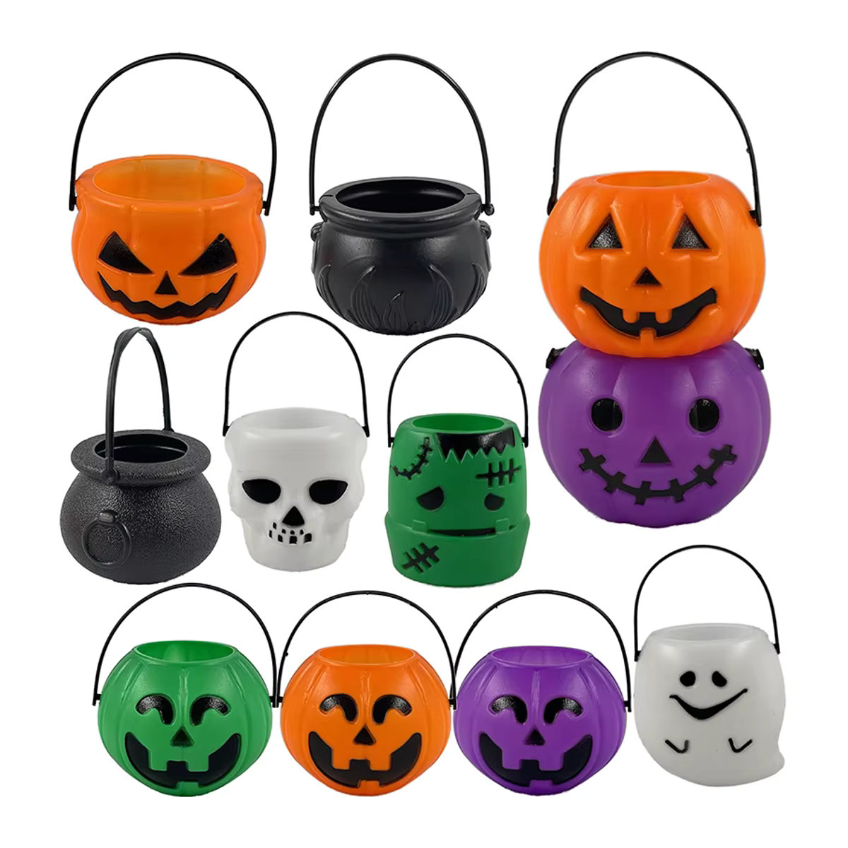 WHPHous Halloween Süßigkeiten Eimer mit Geist und Kürbis in Weiß, Grün und Lila für Kinder als Party Dekoration - Bild 5