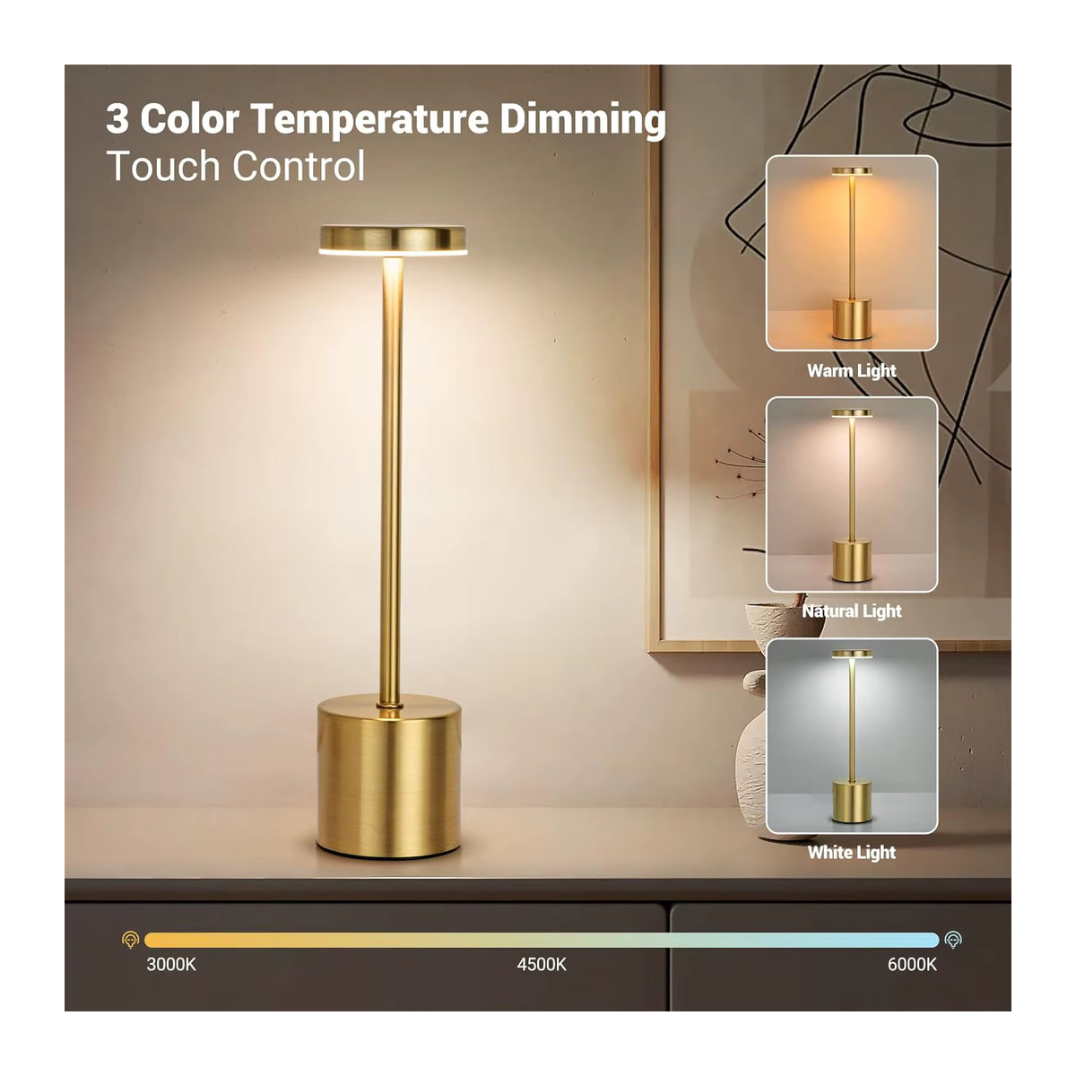 Wiederaufladbare LED Metall Tischlampe mit Touch-Funktion und drei Lichtfarben für Nachttisch und Dekoration - Bild 2