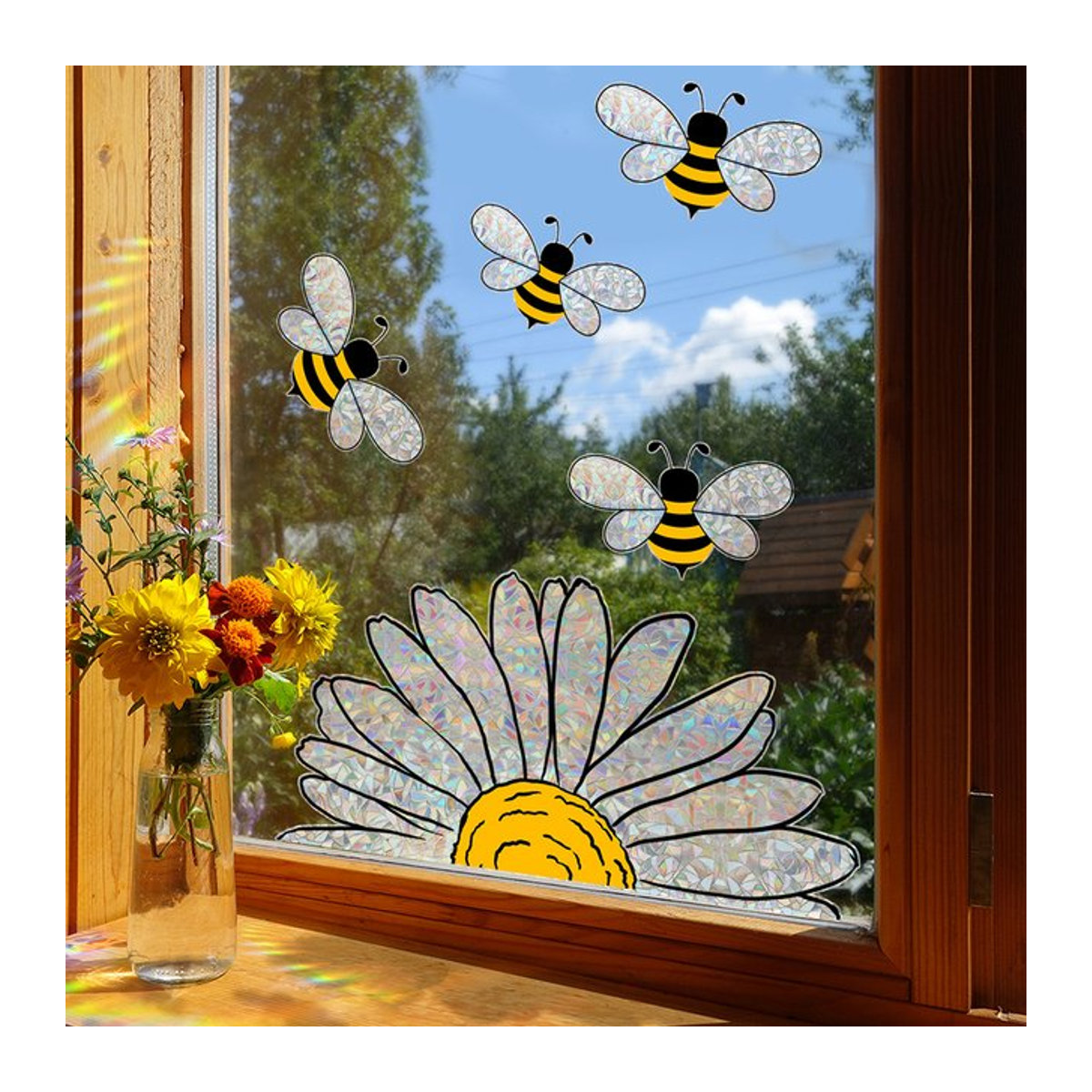Wiederverwendbares Fensteraufkleber-Set mit bunten Sonnenblumen und Bienen für Glas und Wintergarten - Bild 1