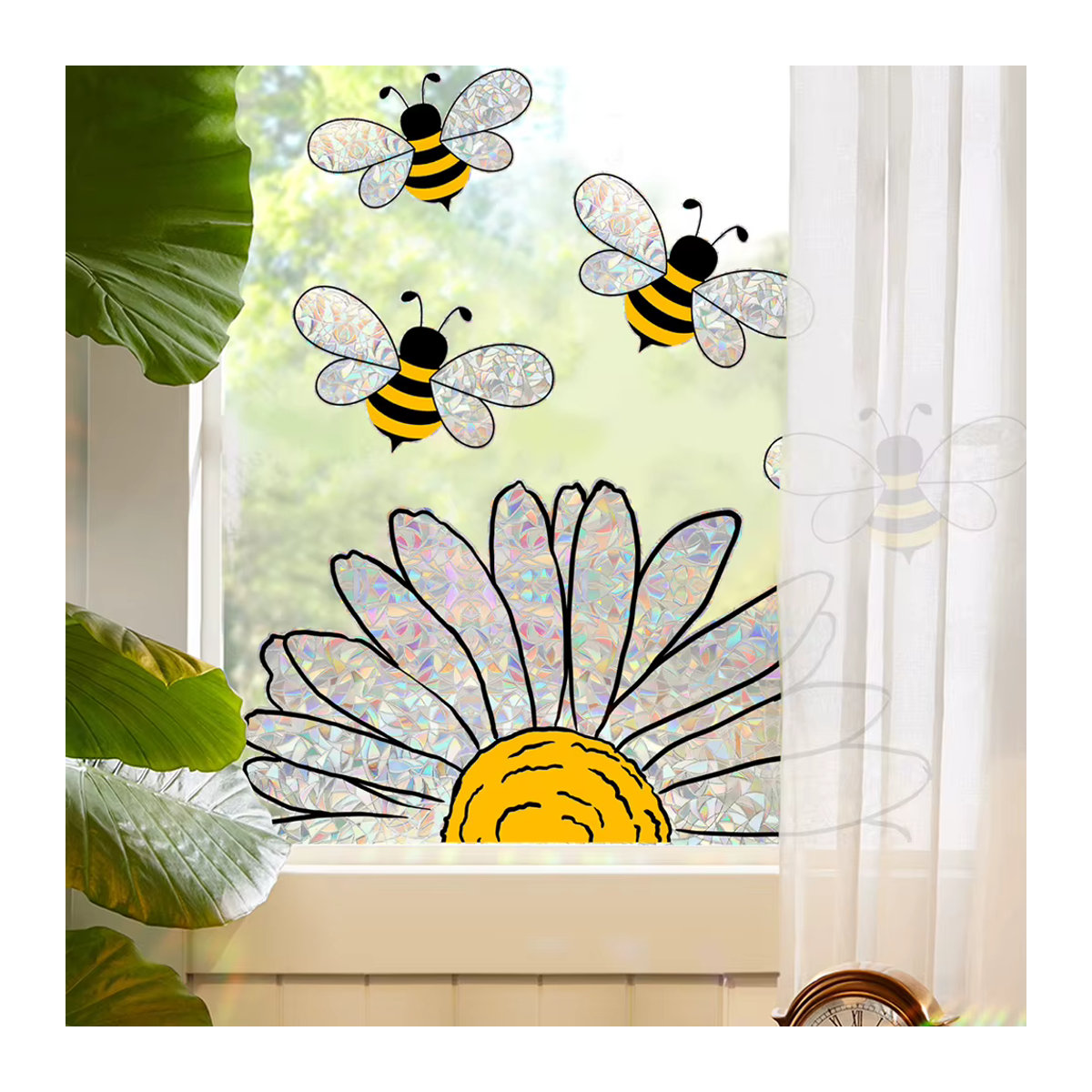 Wiederverwendbares Fensteraufkleber-Set mit bunten Sonnenblumen und Bienen für Glas und Wintergarten - Bild 2
