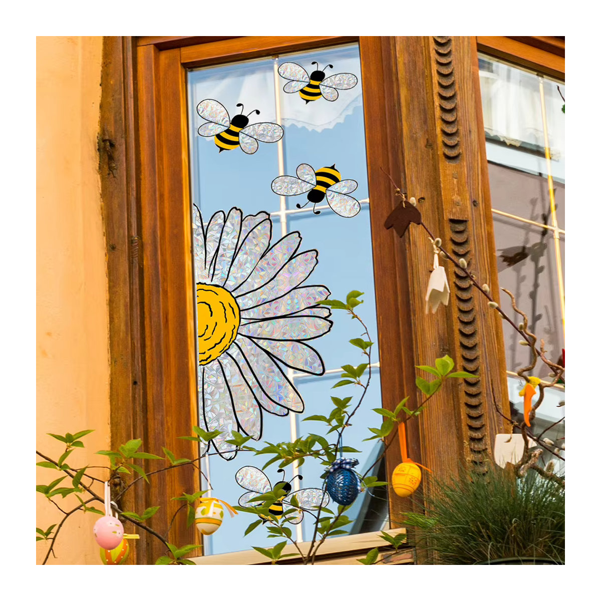 Wiederverwendbares Fensteraufkleber-Set mit bunten Sonnenblumen und Bienen für Glas und Wintergarten - Bild 3
