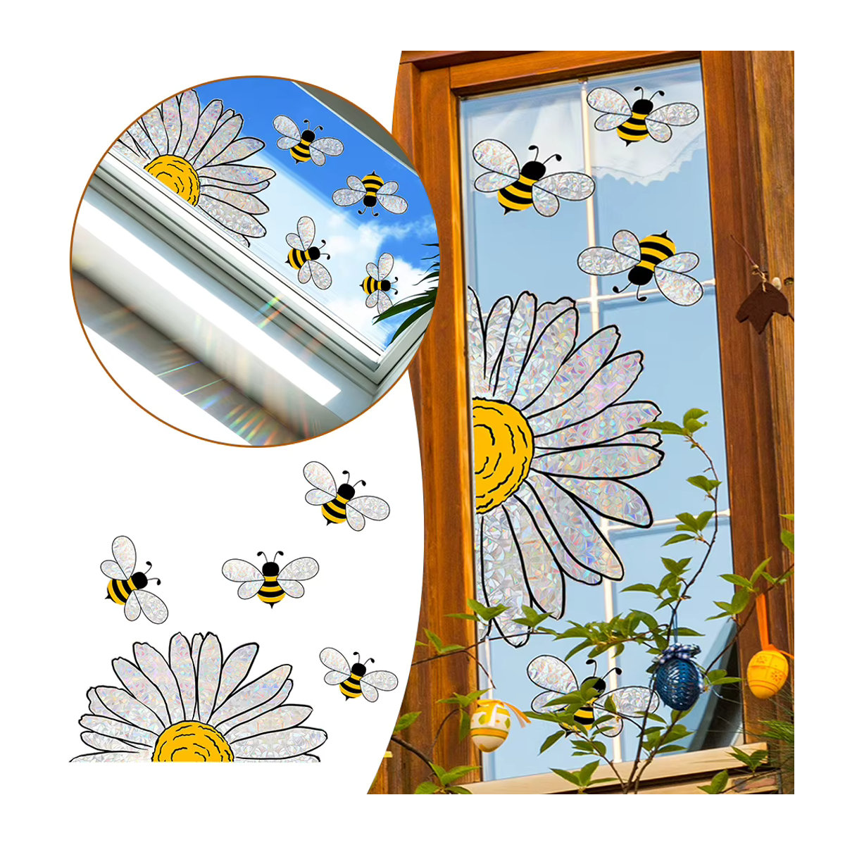 Wiederverwendbares Fensteraufkleber-Set mit bunten Sonnenblumen und Bienen für Glas und Wintergarten - Bild 5
