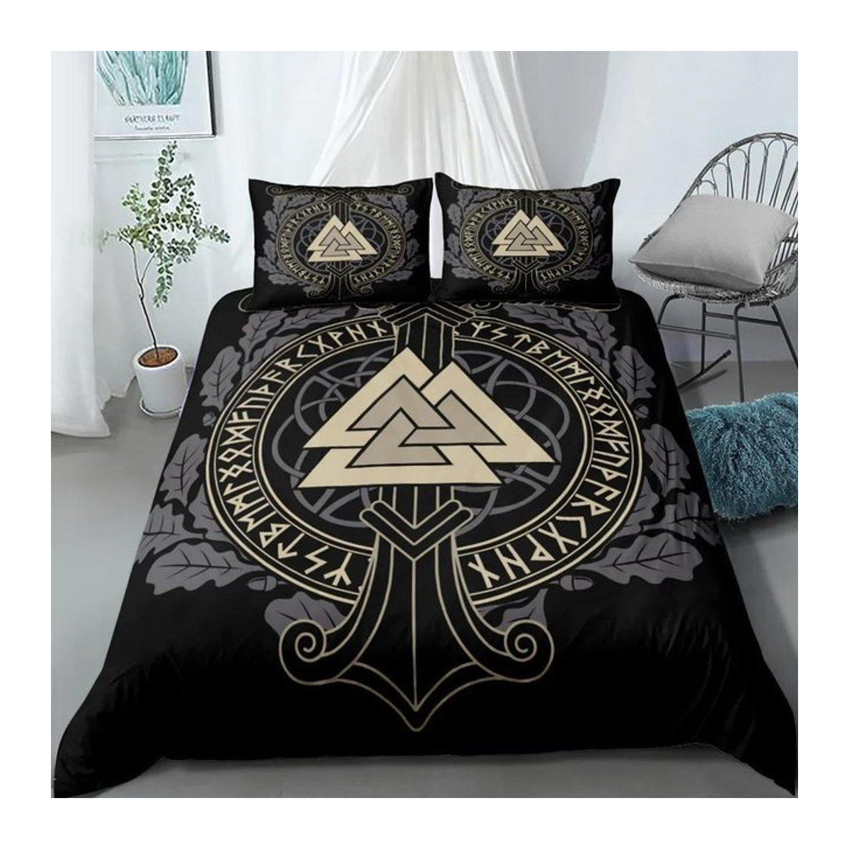 Wikinger Yggdrasil Fenrir Wolf Bettwäsche Kollektion mit Mythologie Symbolen und Runen in Schwarz, 70 x 133 cm - Bild 1