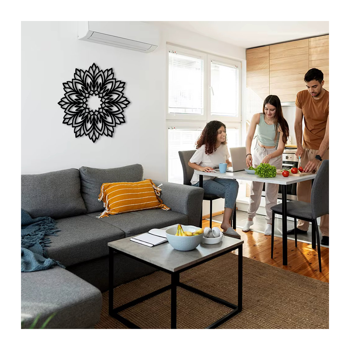 Wildblumen-Mandala-Wanddekoration aus Metall in Schwarz, Wandschild mit floralem Design für dein Zuhause - Bild 3