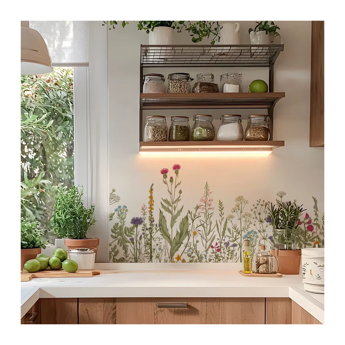 Wilde Blumen Wandaufkleber aus PVC für Küchenrückwand und Esszimmer als botanischer Wandrandaufkleber zum Abziehen und Aufkleben, Breite: 115 cm, Höhe: 115 cm - Bild 2