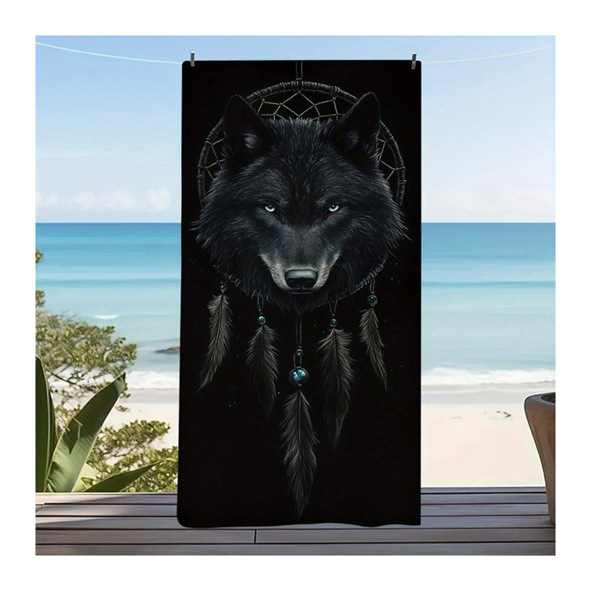 Wildes Wolfskunst Strandtuch in Weiß, schnelltrocknendes und sandfreies Mikrofaser-Badetuch im Retro-Fantasy-Design, Breite: 40 cm, Höhe: 60 cm - Bild 1