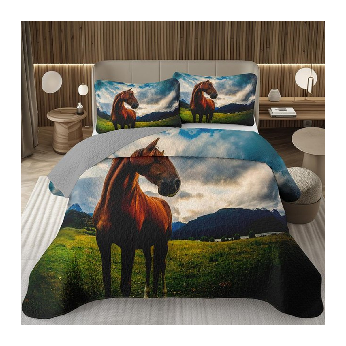 Wildpferd Tagesdecke Queen/Full mit Galoppierendem Pferdemuster, Wendbares Gestepptes Bettwäscheset, B/B: 135 x 200 cm - Bild 1