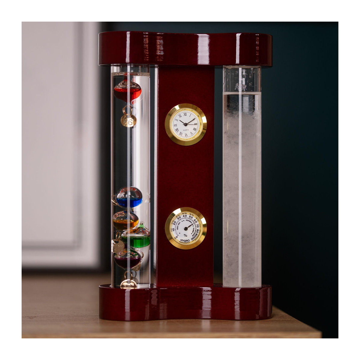 William Widdop Galileo Thermometer und Sturmglas in Mahagonibraun mit 5 Kugeln, Höhe: 18 cm - Bild 3