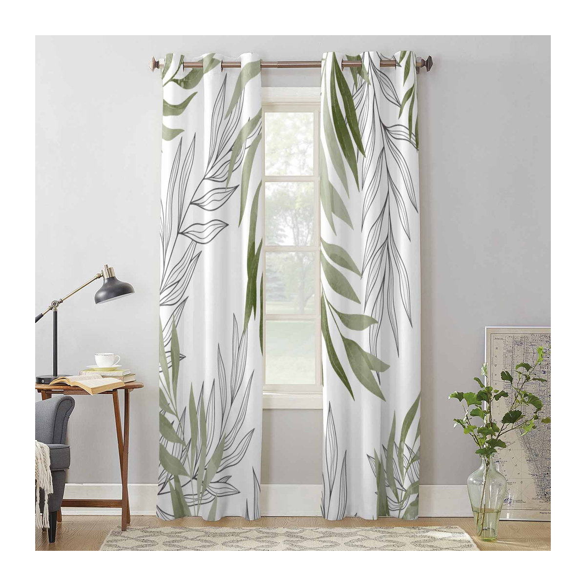 Willow Leaf Lines halbtransparente Fenstervorhänge in Salbeigrün für Wohnzimmer und Schlafzimmer, Breite: 135 cm, Höhe: 60 cm - Bild 1