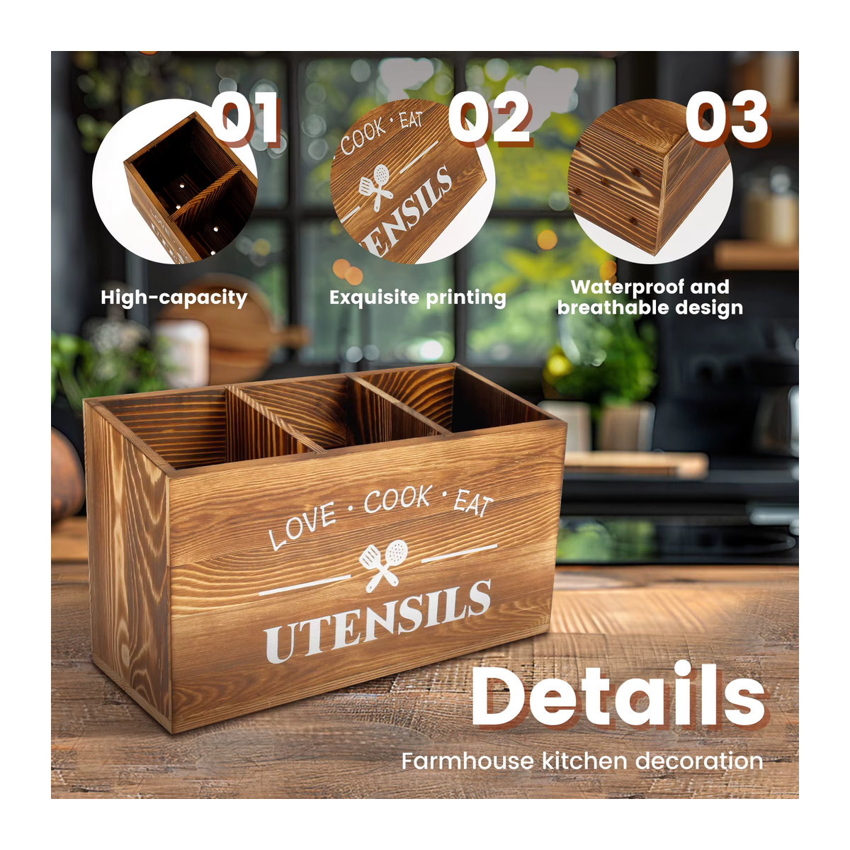Willstar Besteckhalter aus Holz in Braun im Landhausstil mit 3-fach Organizer und Abtropffläche - Bild 3