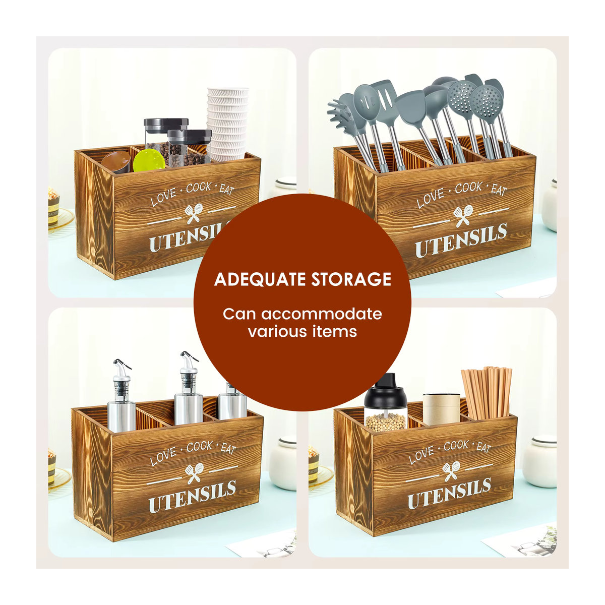 Willstar Besteckhalter aus Holz in Braun im Landhausstil mit 3-fach Organizer und Abtropffläche - Bild 5