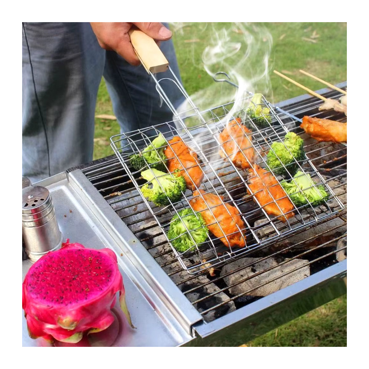 Willstar Grillkorb aus Edelstahl, zusammenklappbares Grillnetz mit Griff für Fisch, Gemüse und Garnelen - Bild 4