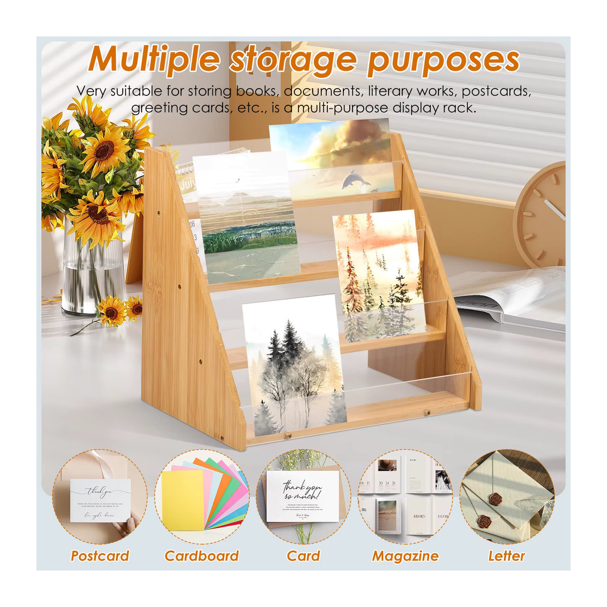 Willstar Kartenständer aus Bambus in Braun, Multifunktionaler mehrschichtiger Postkartenhalter und Schreibtisch-Organizer im minimalistischen Design - Bild 2