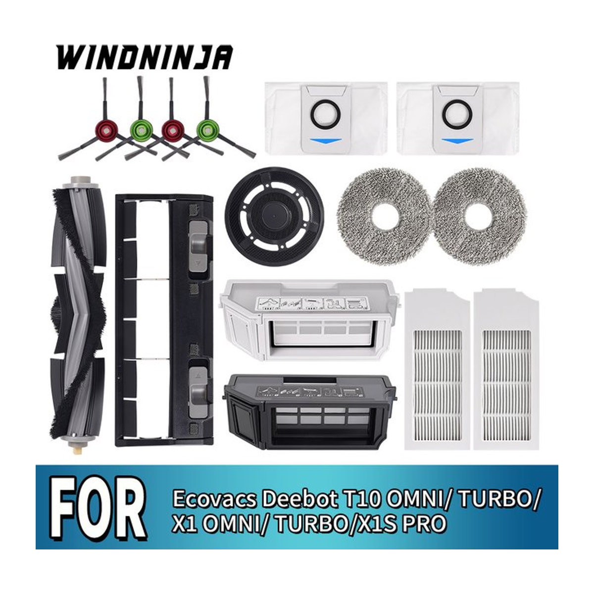 WINDNINJA Ersatzteil-Set für Ecovacs Deebot X1 OMNI/TURBO T10 OMNI/TURBO/X1S PRO mit Staubbehälter, Haupt- und Seitenbürsten, HEPA-Filter, Wischtüchern und Staubbeuteln in Schwarz/Weiß - Bild 1