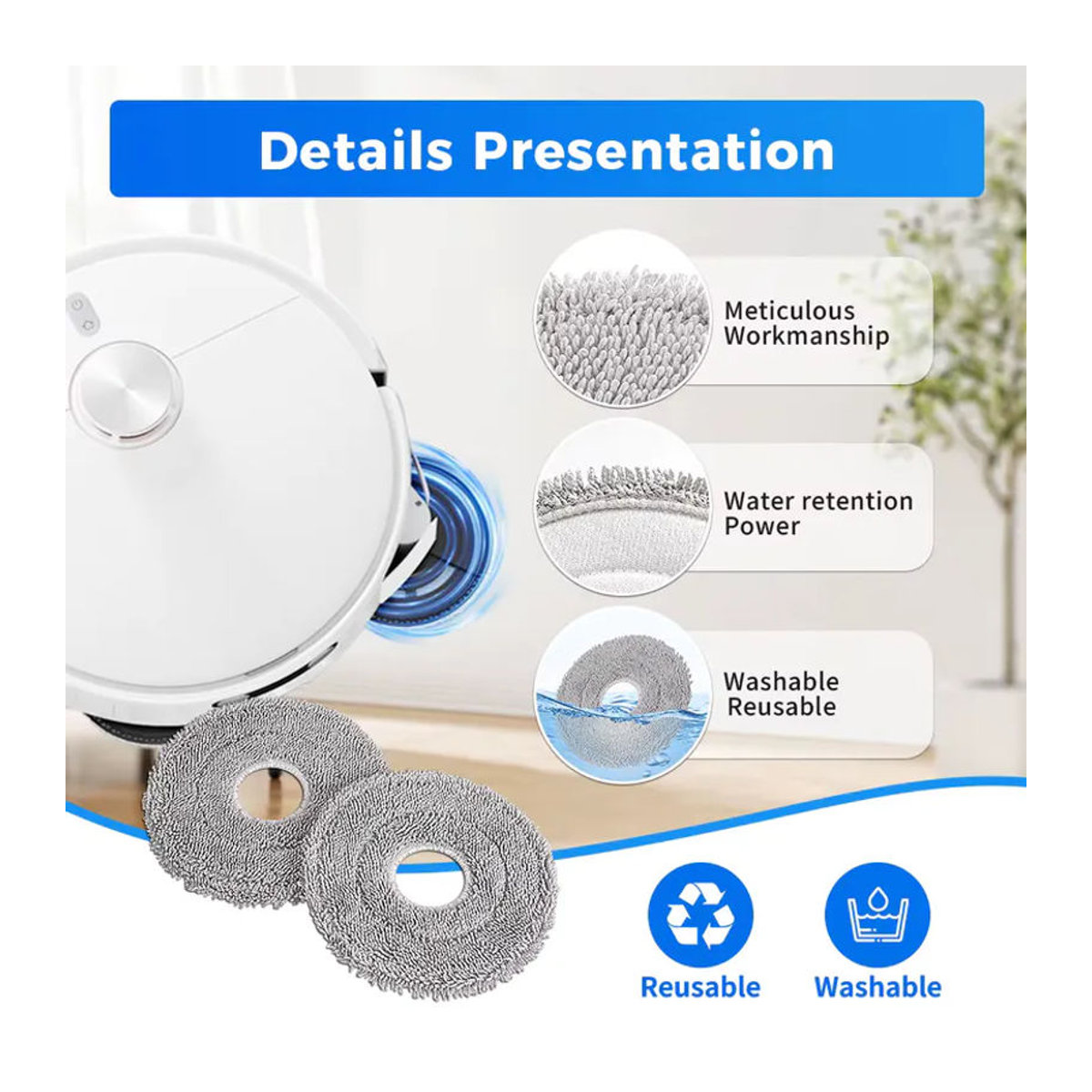 WINDNINJA Mikrofaser Mopptuch in Weiß für Xiaomi S20 Plus, S10 Plus, X10 Plus, X20 Plus, M30 Pro und M30S Roboterstaubsauger Ersatzteil-Kit - Bild 3