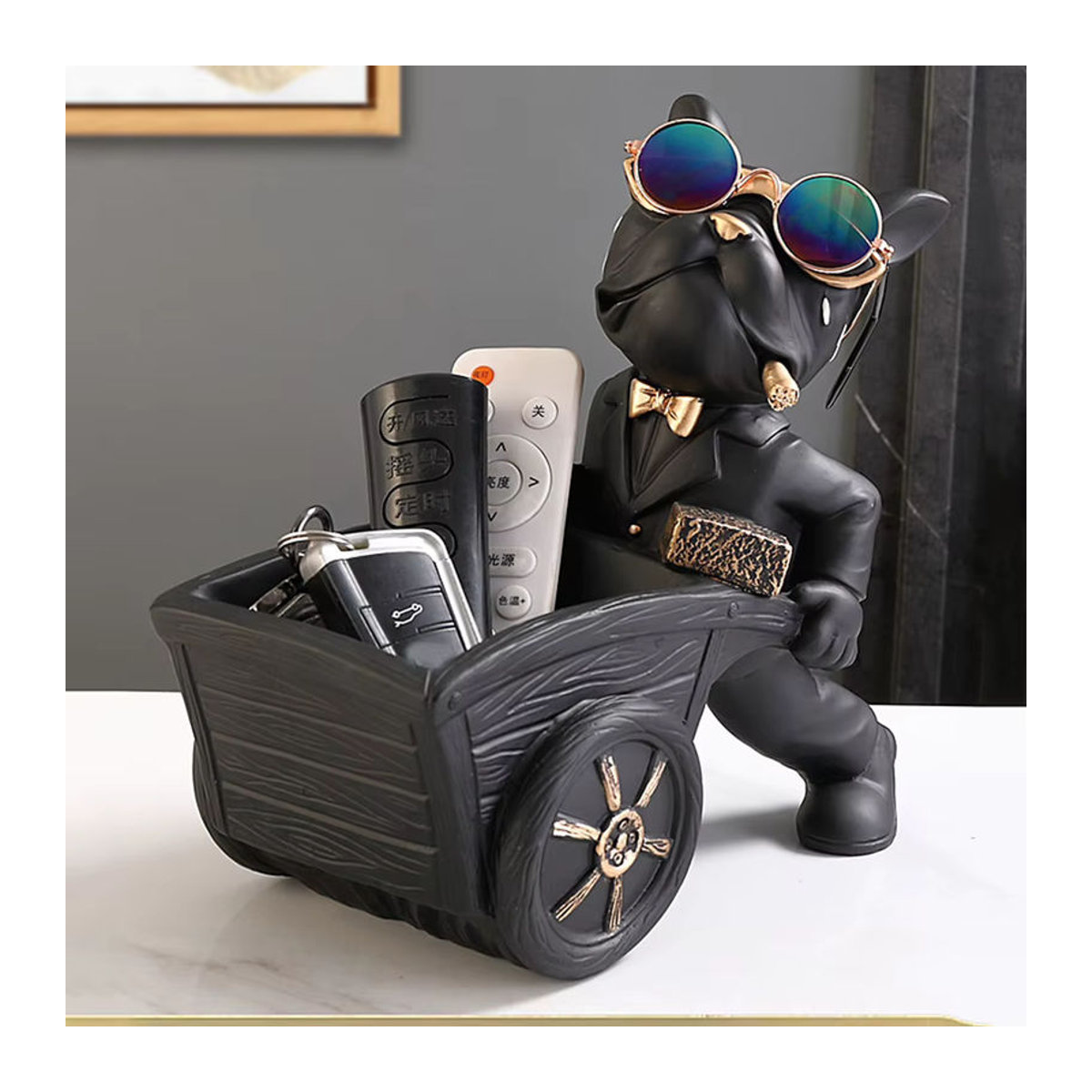 Winnereco Bulldogge Skulptur als Butler Aufbewahrungsbox mit Tablett, Schwarzes Hund Ornament aus Kunstharz für die nordische Tischdekoration - Bild 2