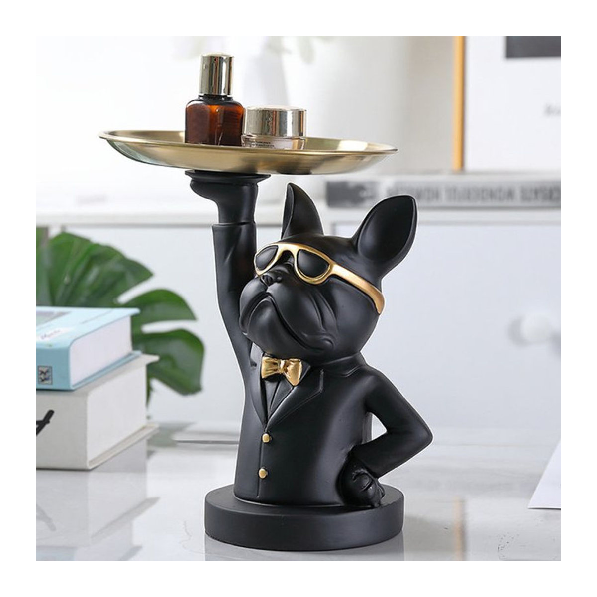 Winnereco Französische Bulldogge Skulptur mit Tablett als Schlüsselablage und Dekoration in Schwarz aus Kunstharz - Bild 1