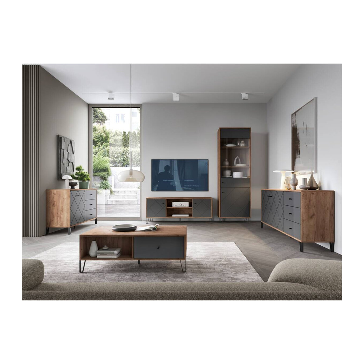 WIPMEB Couchtisch BILBAO im Industrial Design aus Massivholz und Metall, Farbe Eiche Tabak Anthrazit, B/H/T: 120 x 37 x 60 cm - Bild 2