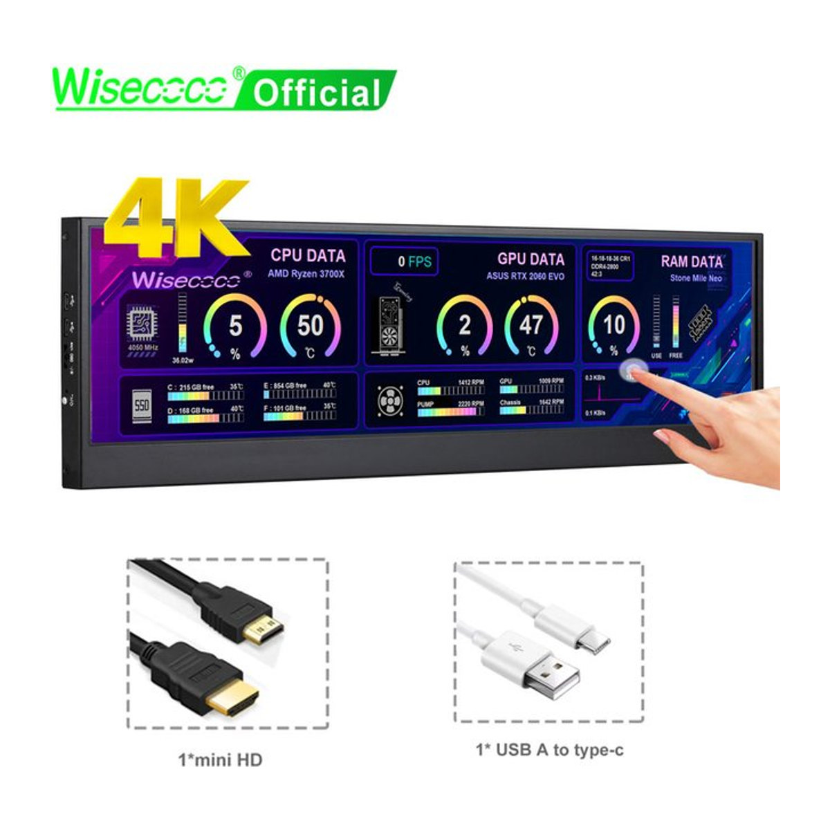Wisecoco 14 Zoll 4K Ultrawide IPS LCD-Monitor Aida64 Schwarz - Bild 1