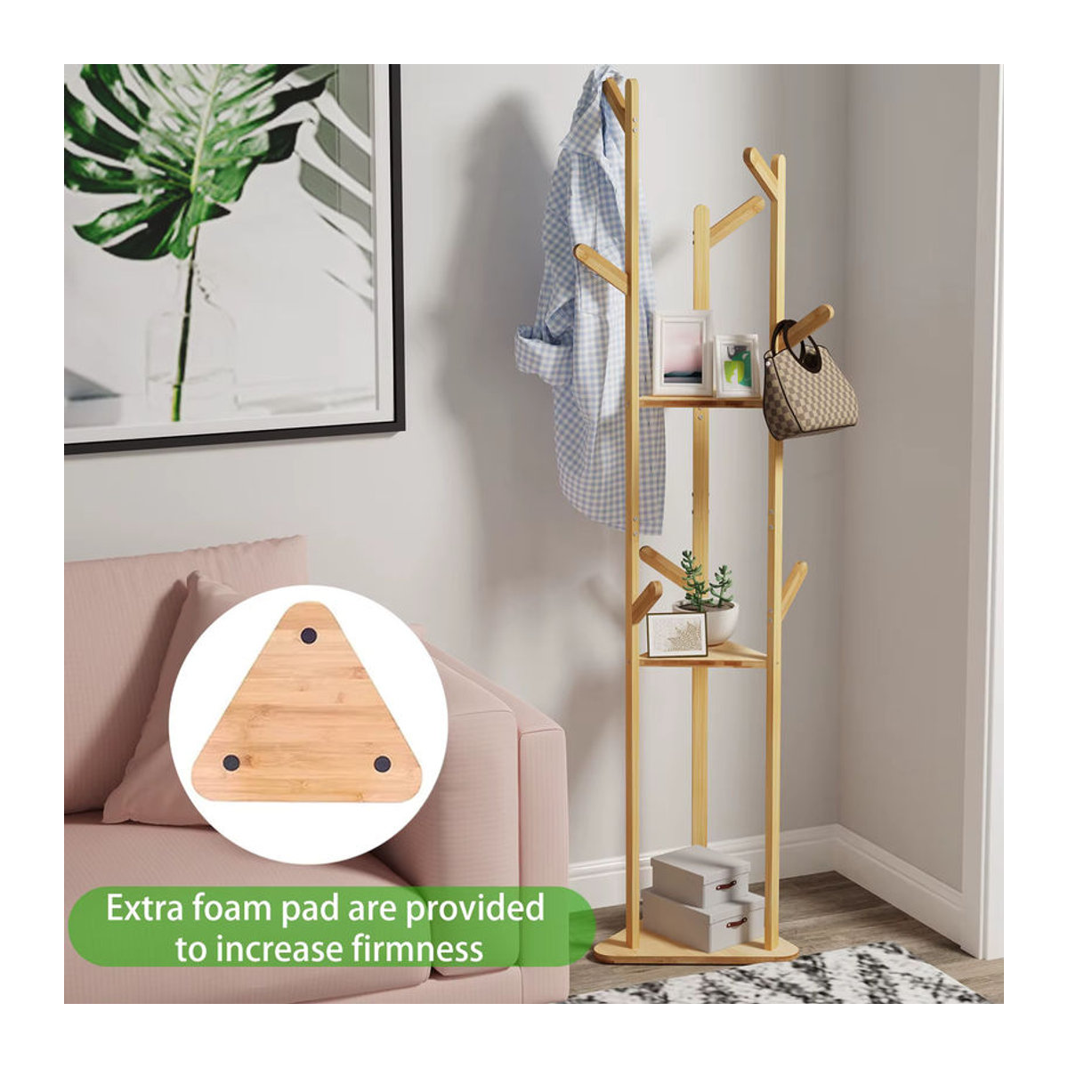 Wisfor Bambus Eckbaum Garderobenständer in Natur im skandinavischen Design mit Kleiderbügeln, Haken und Regalen - Bild 3