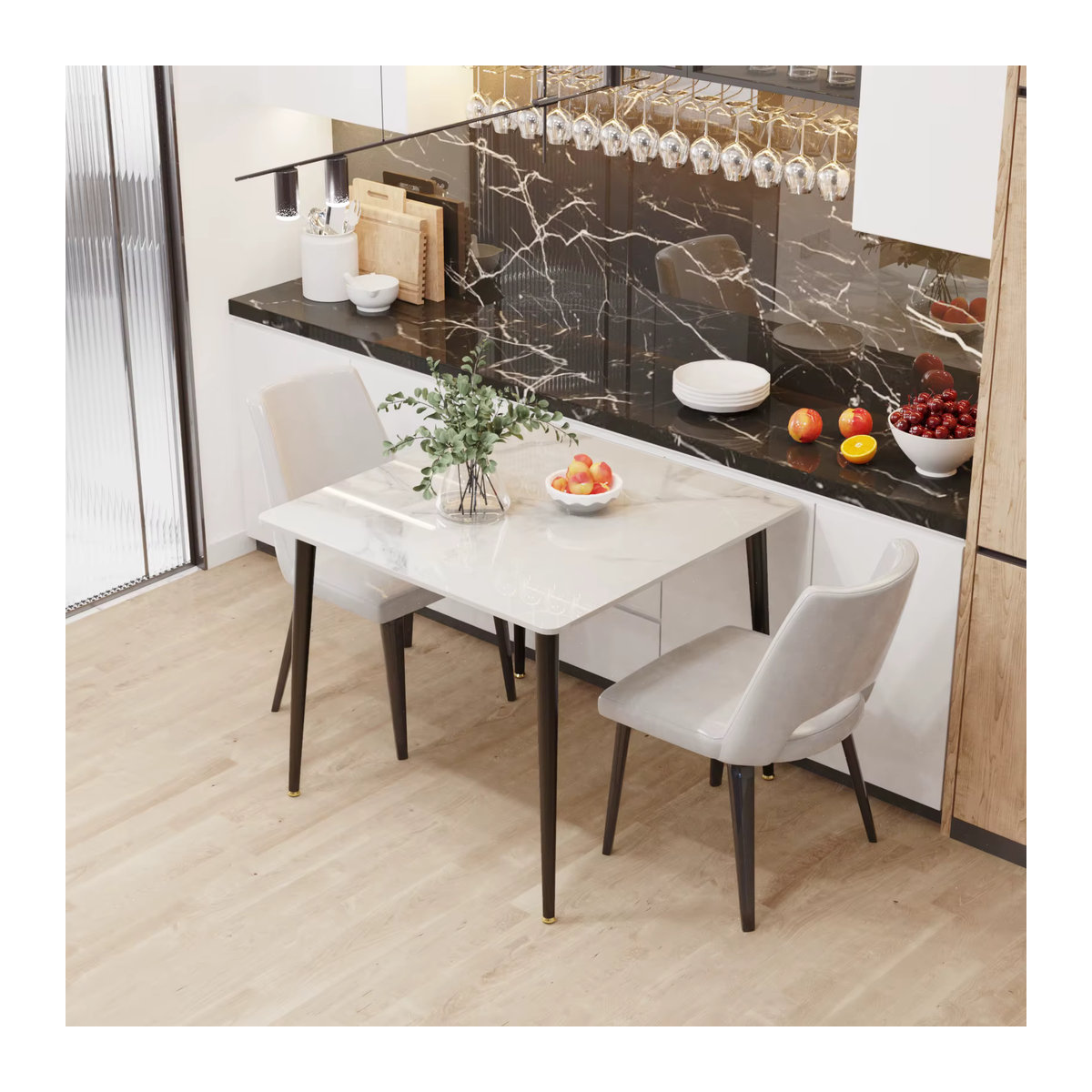 Wisfor Mid-Century Esstisch mit gesinterter Steinplatte und Metallbeinen in Grau und Weiß, quadratisch - Bild 3