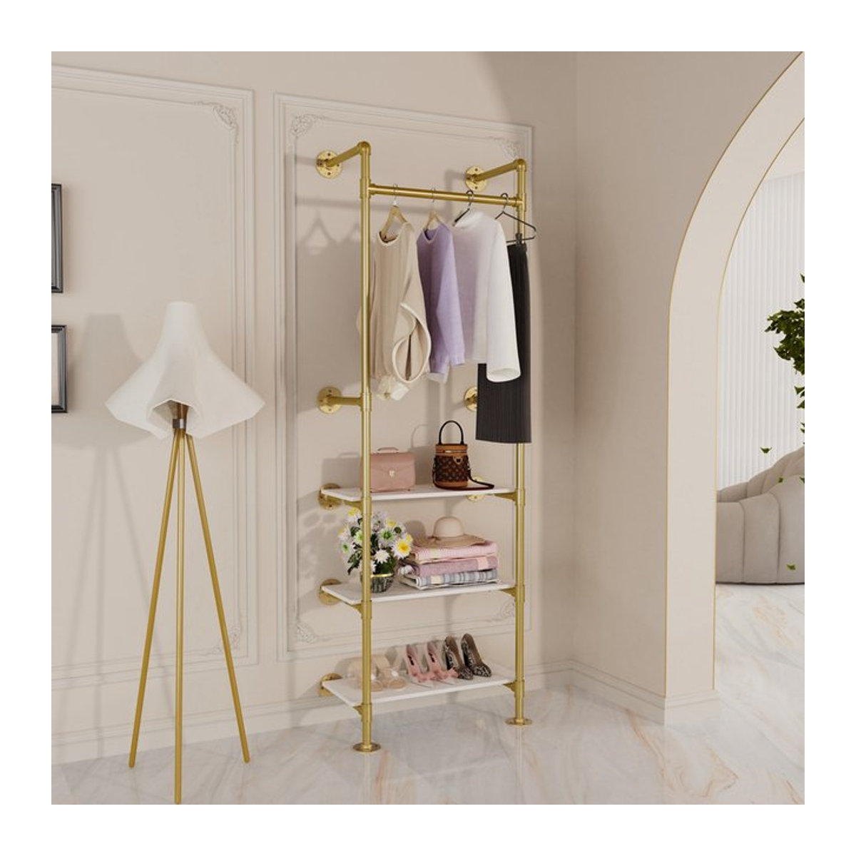 Wisfor Wandgarderobe Industrial Pipe aus Metall in Gold mit 3-stufigen Regalen - Bild 1