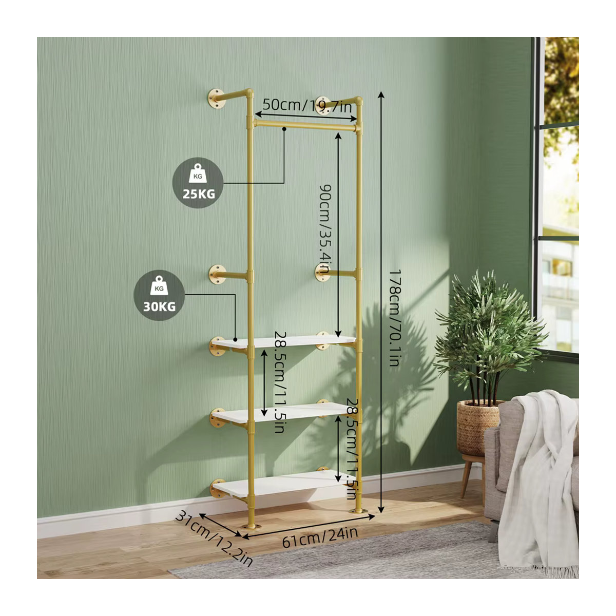 Wisfor Wandgarderobe Industrial Pipe aus Metall in Gold mit 3-stufigen Regalen - Bild 2