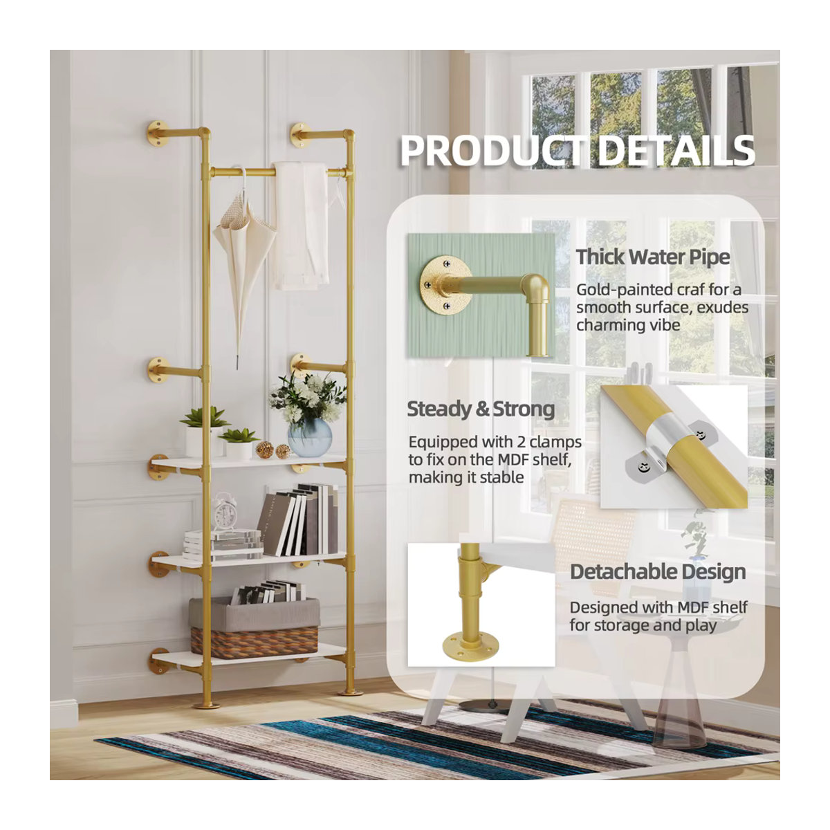 Wisfor Wandgarderobe Industrial Pipe aus Metall in Gold mit 3-stufigen Regalen - Bild 3