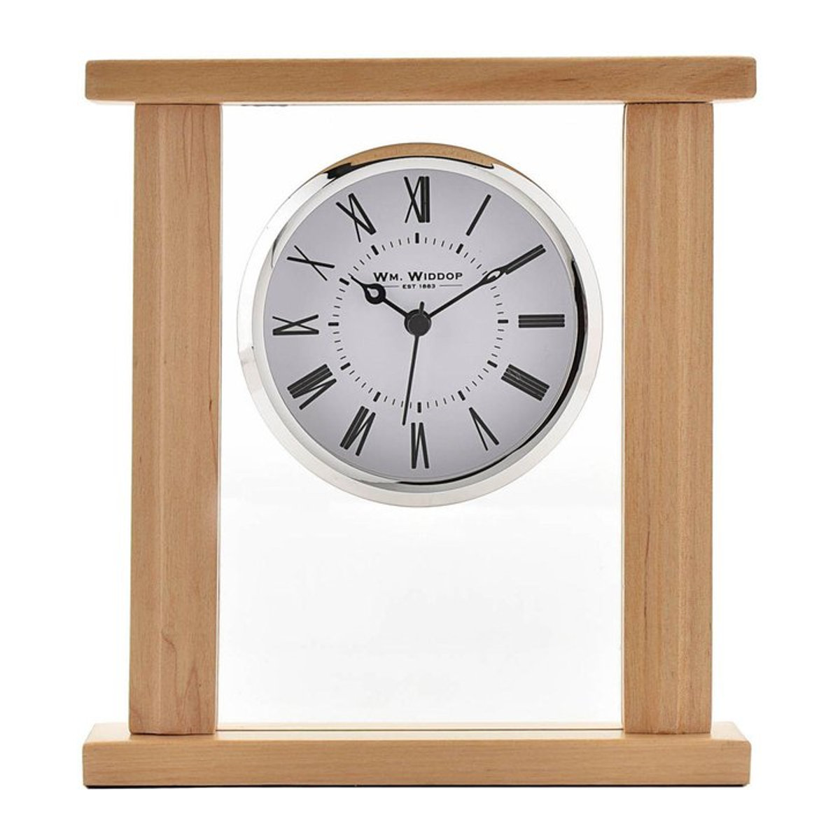 Wm.Widdop Kaminuhr aus Holz und Glas mit römischem Zifferblatt und silberner Lünette in Braun - Bild 1