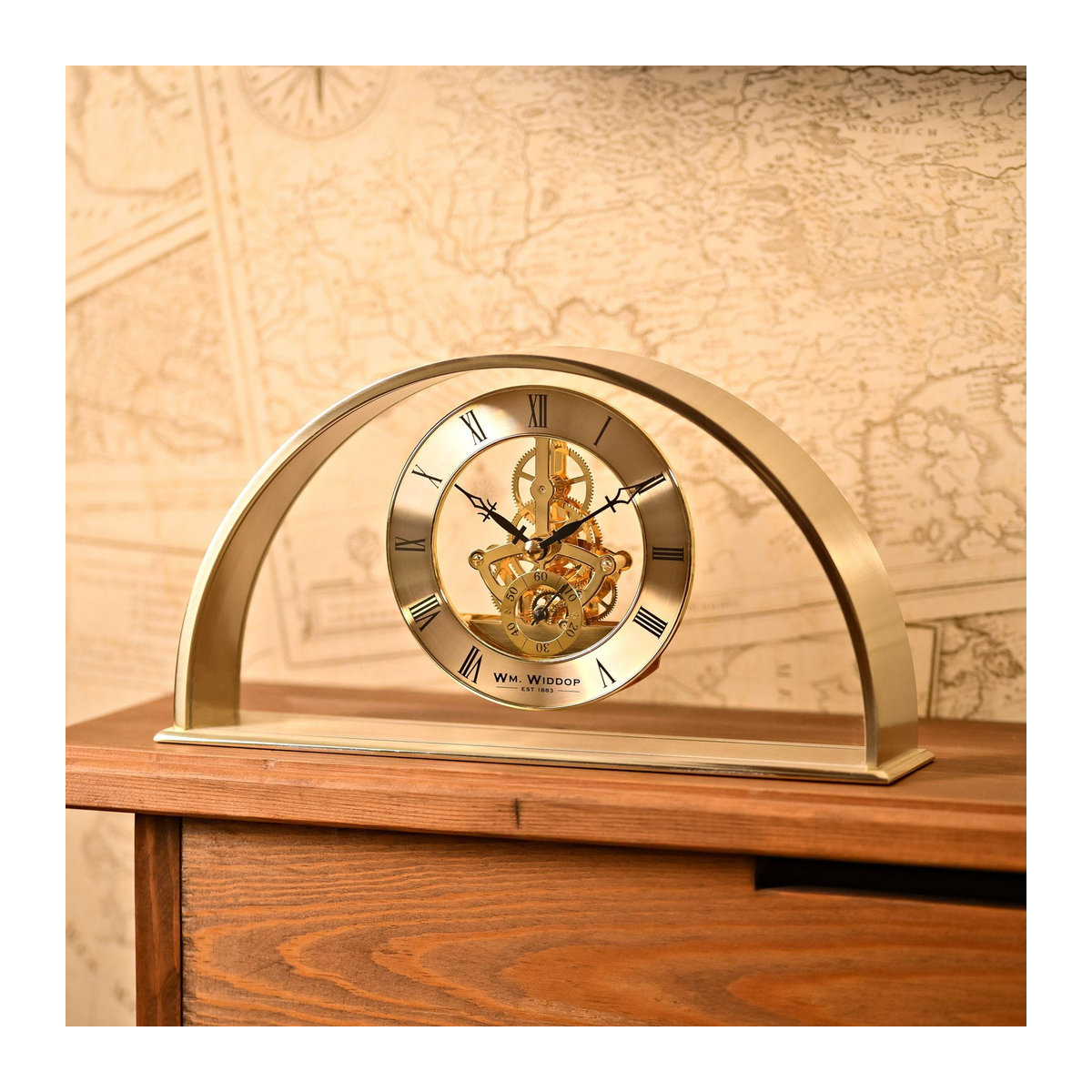 Wm.Widdop Kaminuhr Goldbogen mit Skelettzifferblatt und römischen Ziffern, Farbe: Gold, B/T/H: 27,0 x 14,0 x 6,5 cm - Bild 3