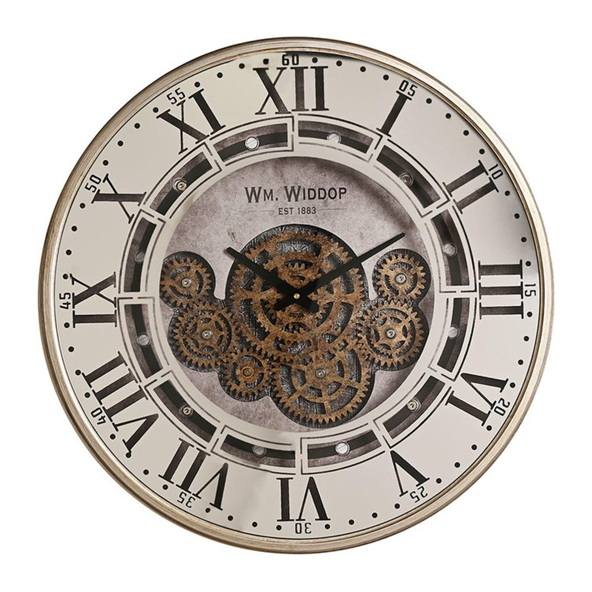 Wm Widdop Spiegelwanduhr mit beweglichen Zahnrädern in Weiß, quadratisch, Durchmesser: 60 cm - Bild 1