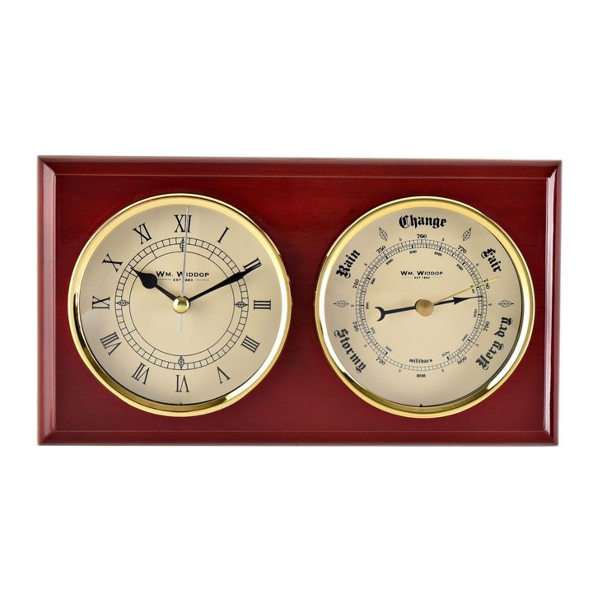 Wm.Widdop Wanduhr und Barometer aus Holz mit römischen Ziffern und Quarzwerk in Braun, B/H: 25,5 x 25,5 cm - Bild 1