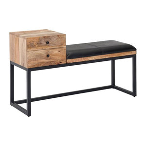 Wohnling Sitztruhe im Industrial Design aus Echtholz und Leder in Schwarz und Natur, B/H/T: 100 x 60 x 35 cm
