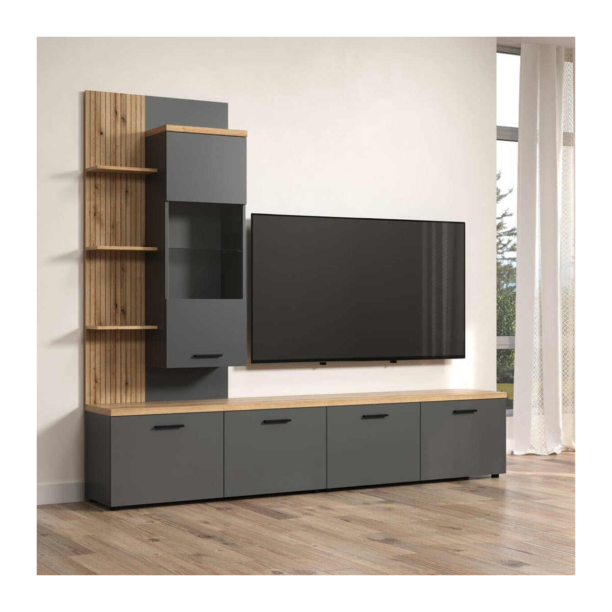 Wohnwand Baggio in Eiche Evoke Coast Nachbildung und Anthrazit, modern mit Glas und Holzwerkstoff, B/H/T: 240 x 211 x 40 cm - Bild 2