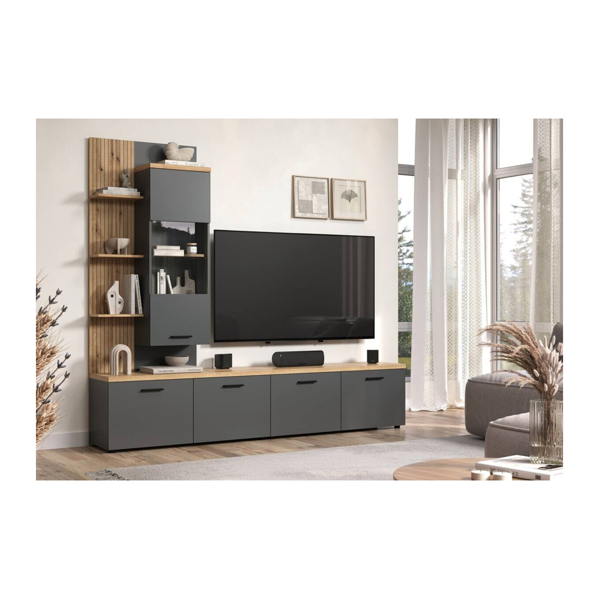 Wohnwand Baggio in Eiche Evoke Coast Nachbildung und Anthrazit, modern mit Glas und Holzwerkstoff, B/H/T: 240 x 211 x 40 cm - Bild 3