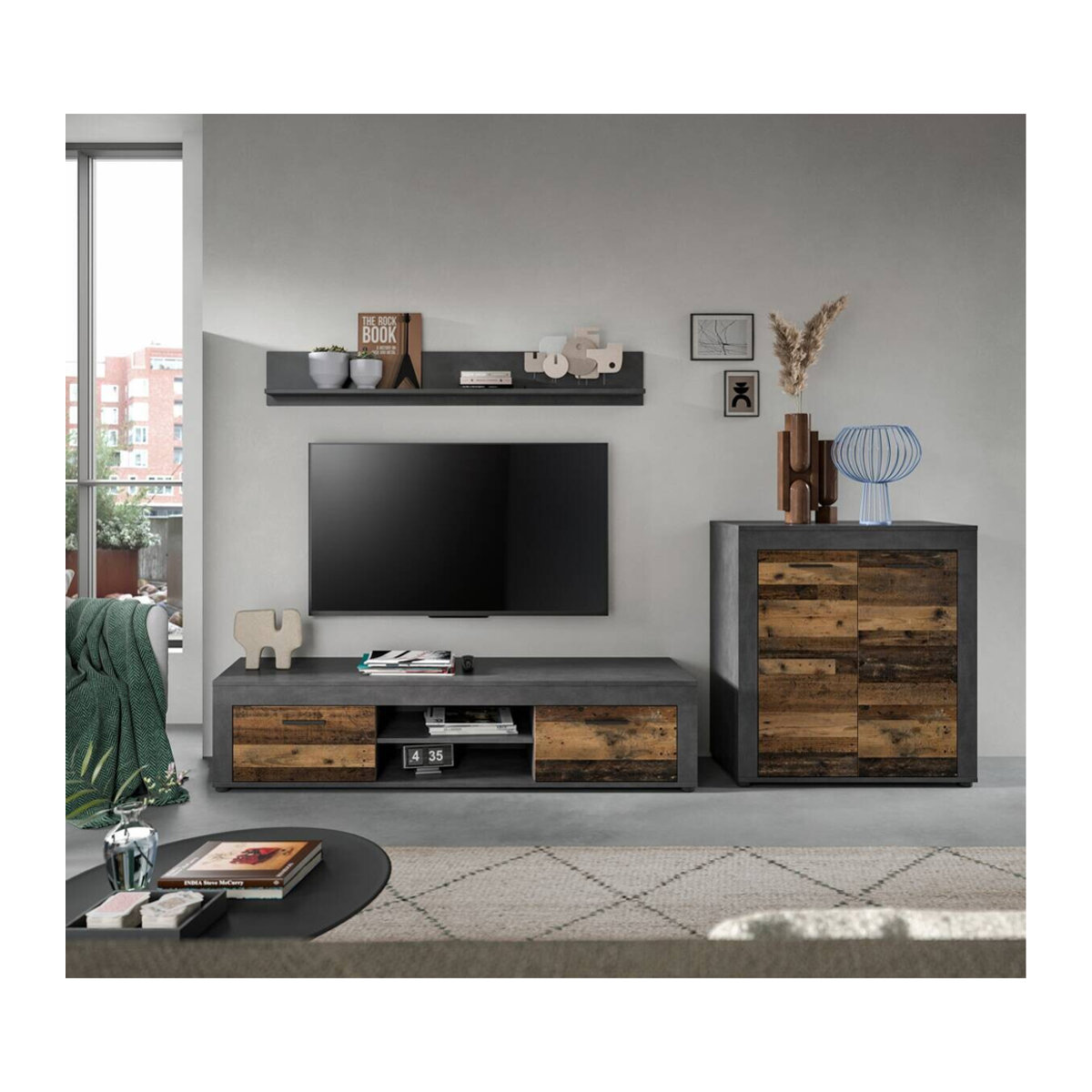 Wohnwand Jam Matera von xonox.home in Old Wood Nachbildung, Braun und Anthrazit, B/H/T: 159 x 255 x 35 cm - Bild 2