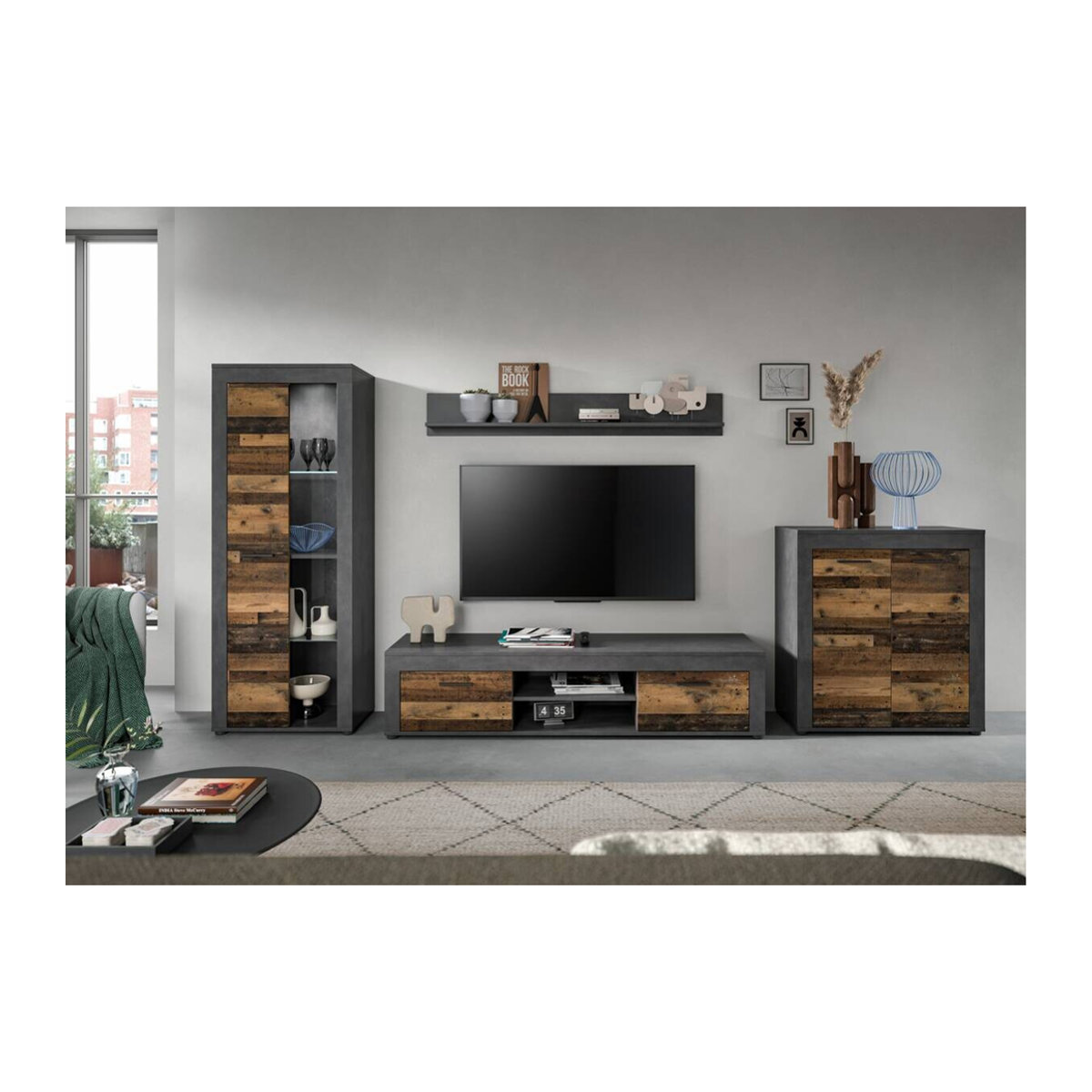 Wohnwand Jam Matera von xonox.home in Old Wood Nachbildung, TV-Schrank im Industrial Design, Braun/Anthrazit, B: 159 cm, H: 330 cm, T: 35 cm - Bild 2