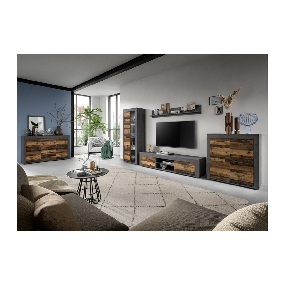 Wohnwand Jam Matera von xonox.home in Old Wood Nachbildung, TV-Schrank im Industrial Design, Braun/Anthrazit, B: 159 cm, H: 330 cm, T: 35 cm - Bild 3