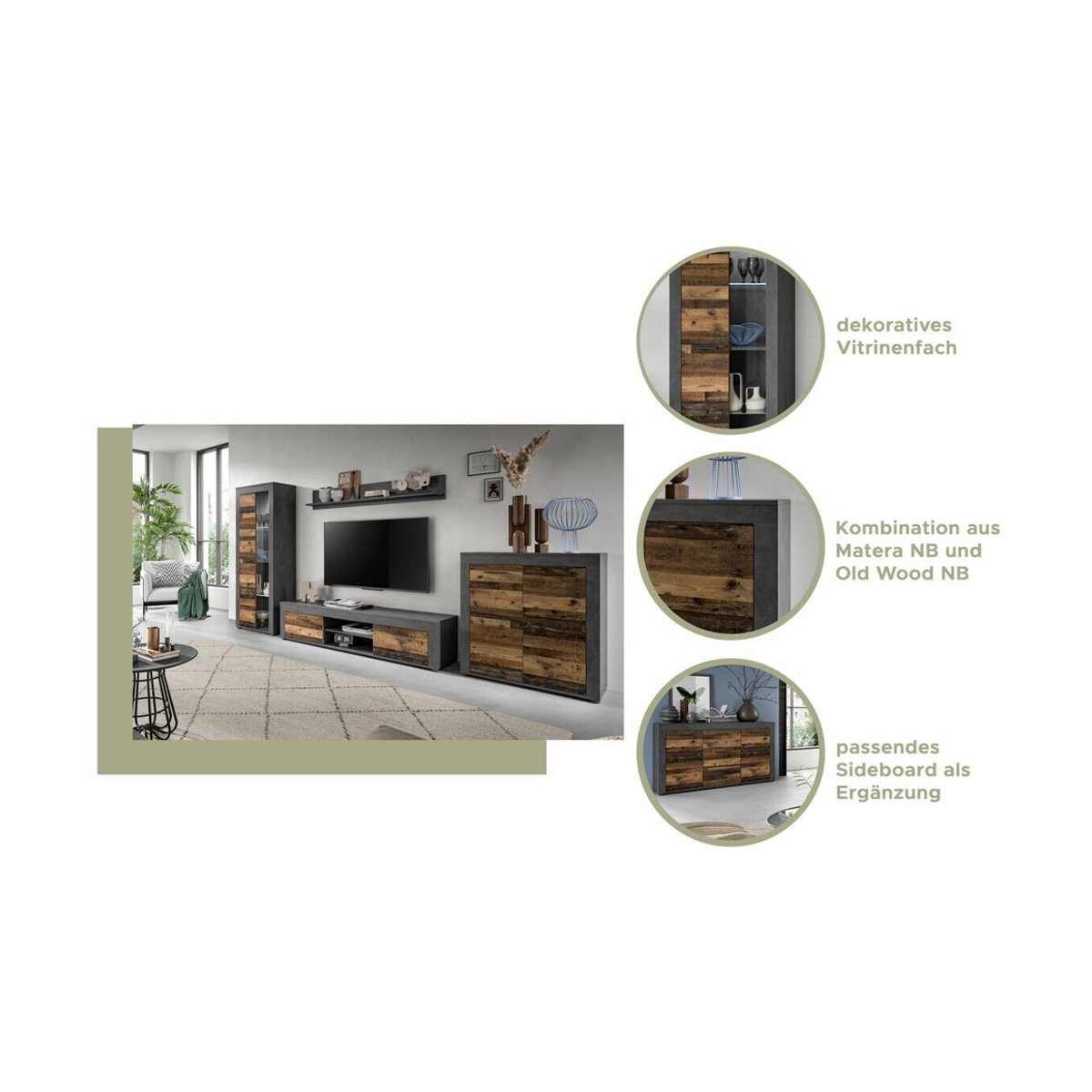 Wohnwand Jam Matera von xonox.home in Old Wood Nachbildung, TV-Schrank im Industrial Design, Braun/Anthrazit, B: 159 cm, H: 330 cm, T: 35 cm - Bild 4