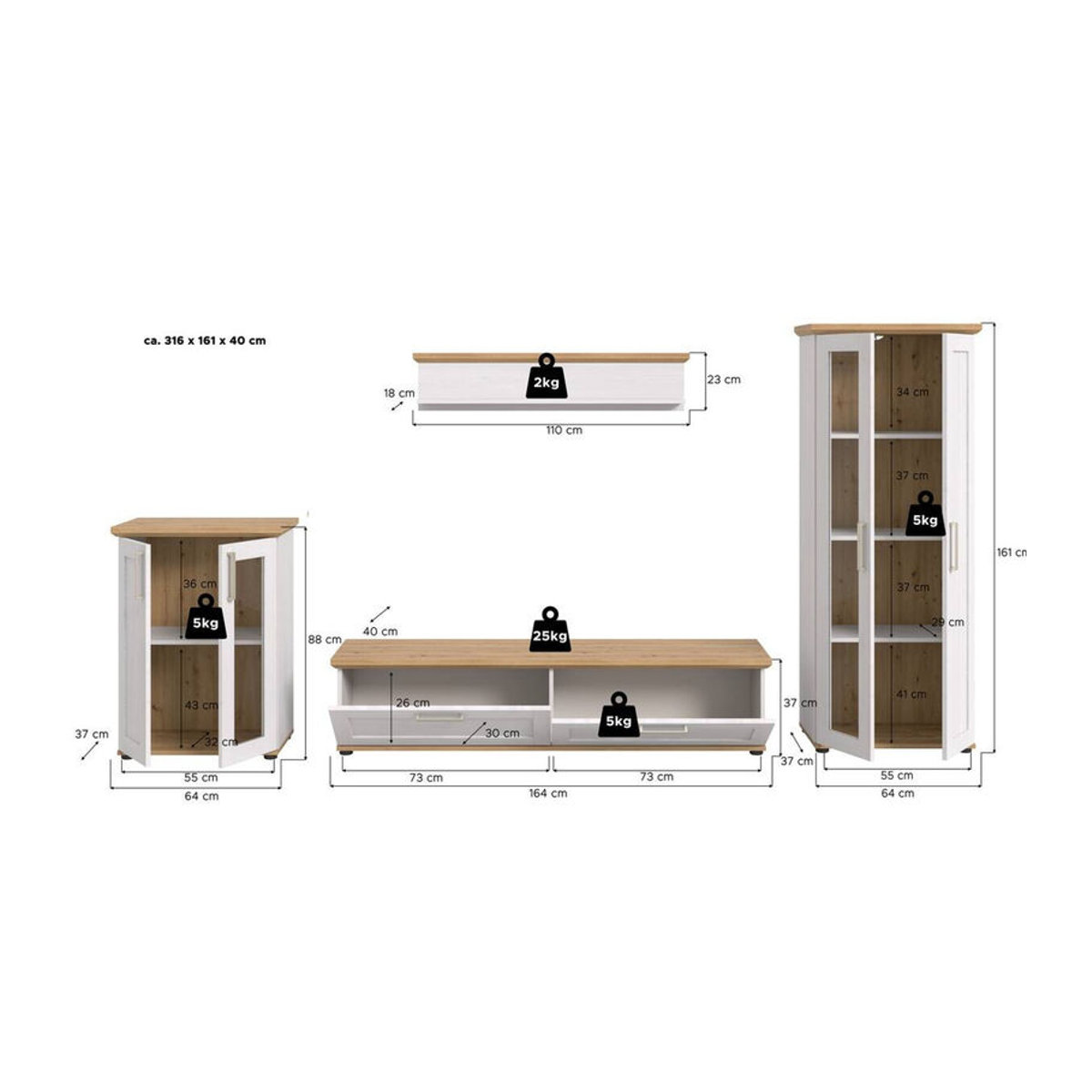 Wohnwand xonox.home VERONA in Eiche Natur und Lärche Nachbildung, Landhaus und Skandinavisch Stil, B/H/T: 316 x 161 x 40 cm - Bild 2