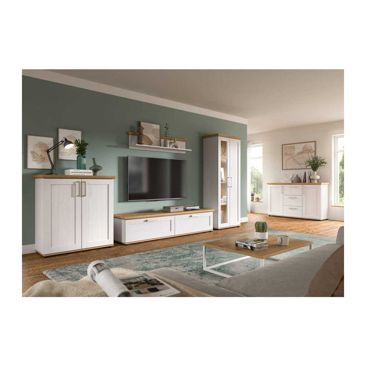 Wohnwand xonox.home VERONA in Eiche Natur und Lärche Nachbildung, Landhaus und Skandinavisch Stil, B/H/T: 316 x 161 x 40 cm - Bild 3