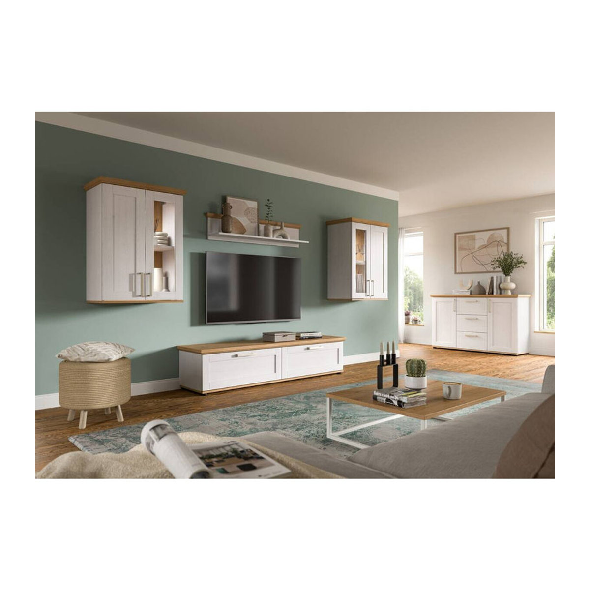 Wohnwand xonox.home VERONA in Eiche Natur und Weiß im Landhaus- und Modern-Stil, B/H/T: 316 x 161 x 40 cm - Bild 2