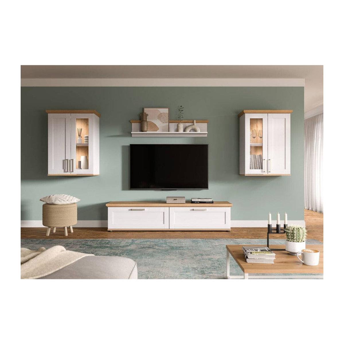 Wohnwand xonox.home VERONA in Eiche Natur und Weiß im Landhaus- und Modern-Stil, B/H/T: 316 x 161 x 40 cm - Bild 3