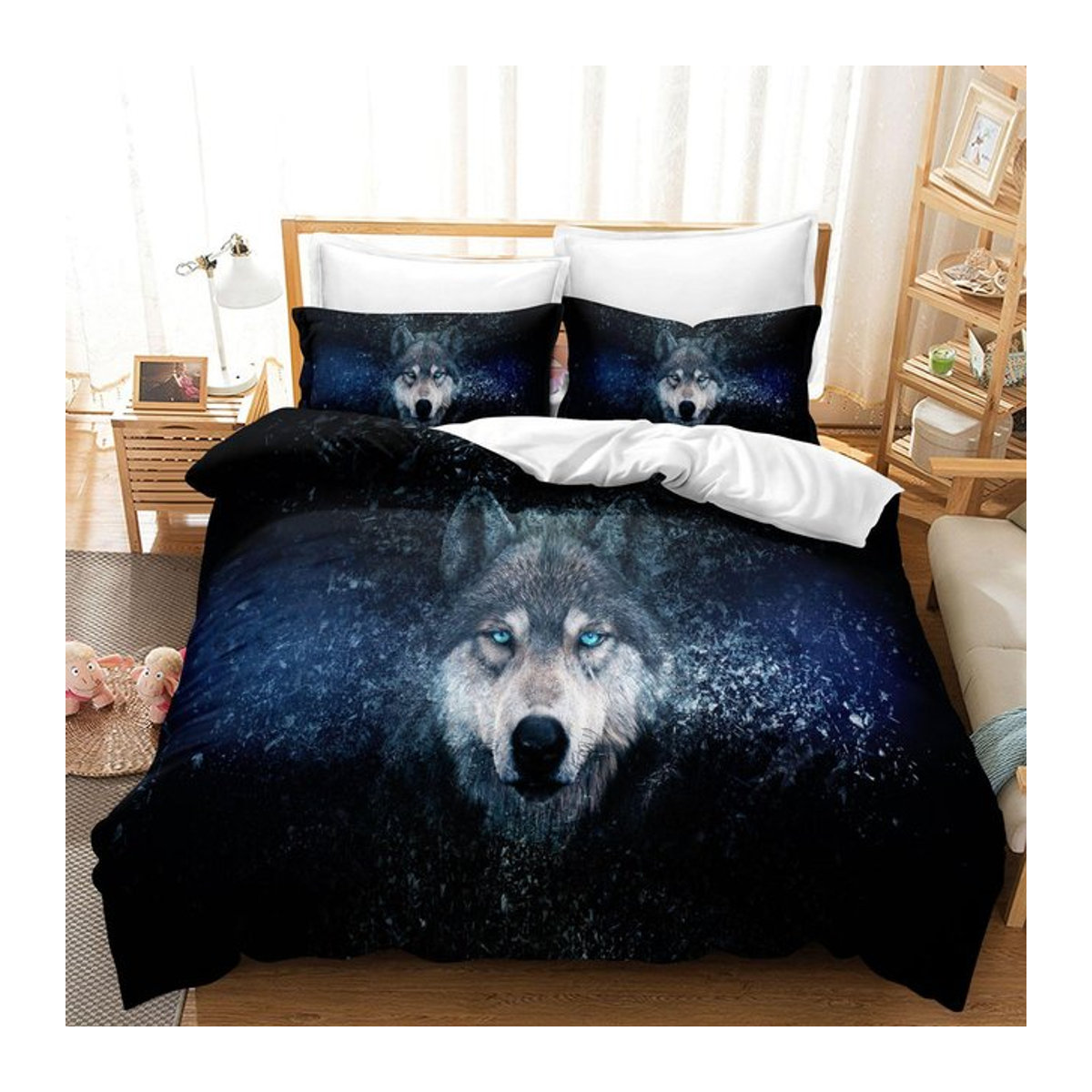 Wolf Tier Mond Schneefeld Baum 3D Bettwäscheset mit Bettbezug und Kissenbezügen B/H: 135 x 200 cm - Bild 1