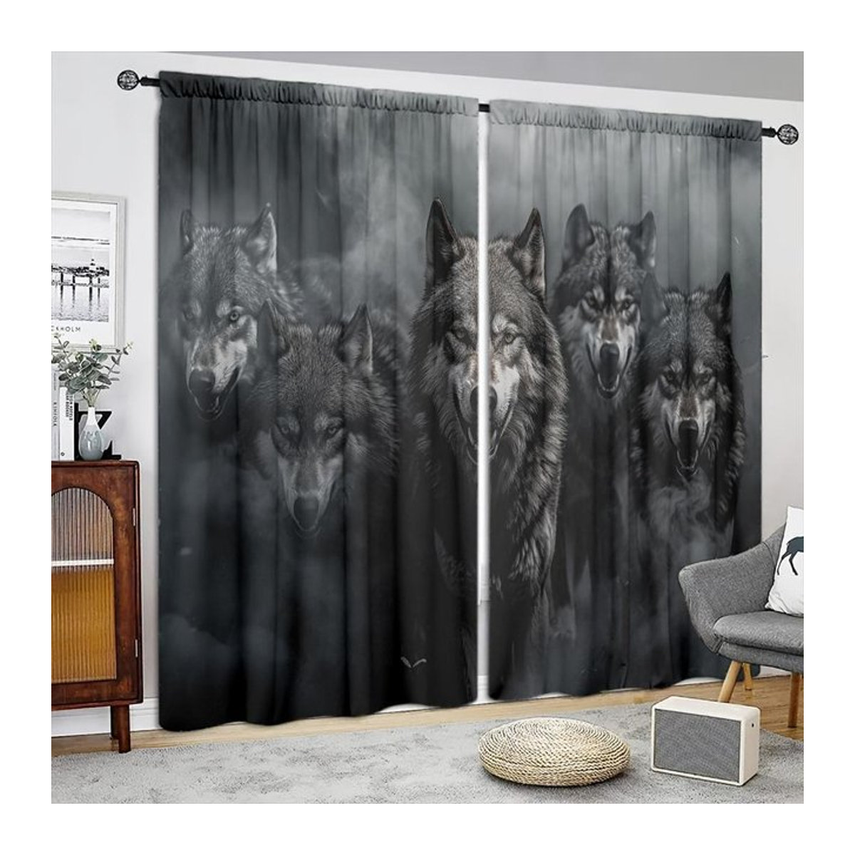Wolfsrudel Vorhang aus Polyester für Wohnzimmer, Küche und Schlafzimmer, blickdicht, 2er-Set, Breite: 100 cm, Höhe: 70 cm - Bild 1