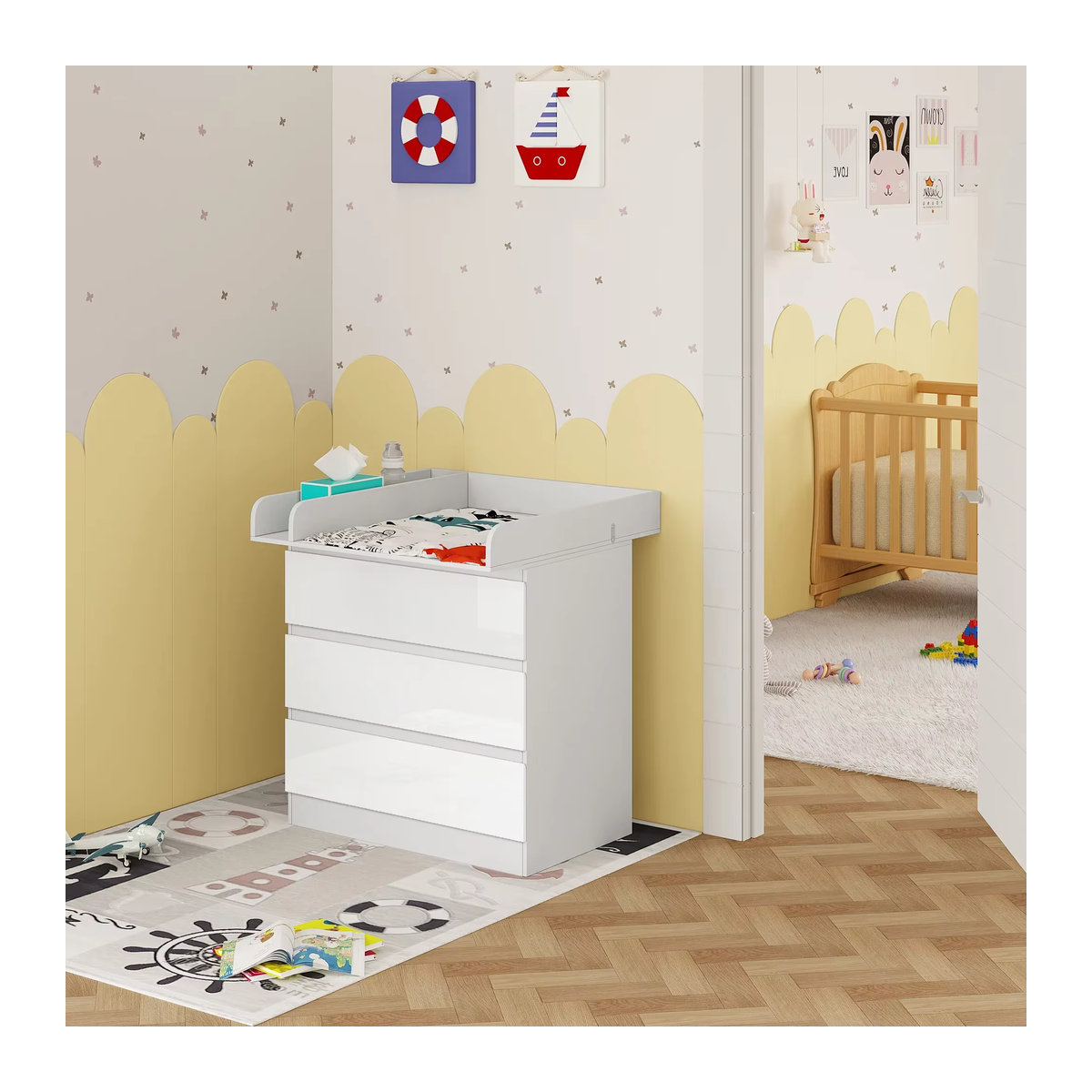 WOLTU Baby-Wickeltisch mit 3 Schubladen in Weiß, Modernes Sideboard und Aufbewahrungsschrank für das Schlafzimmer - Bild 2