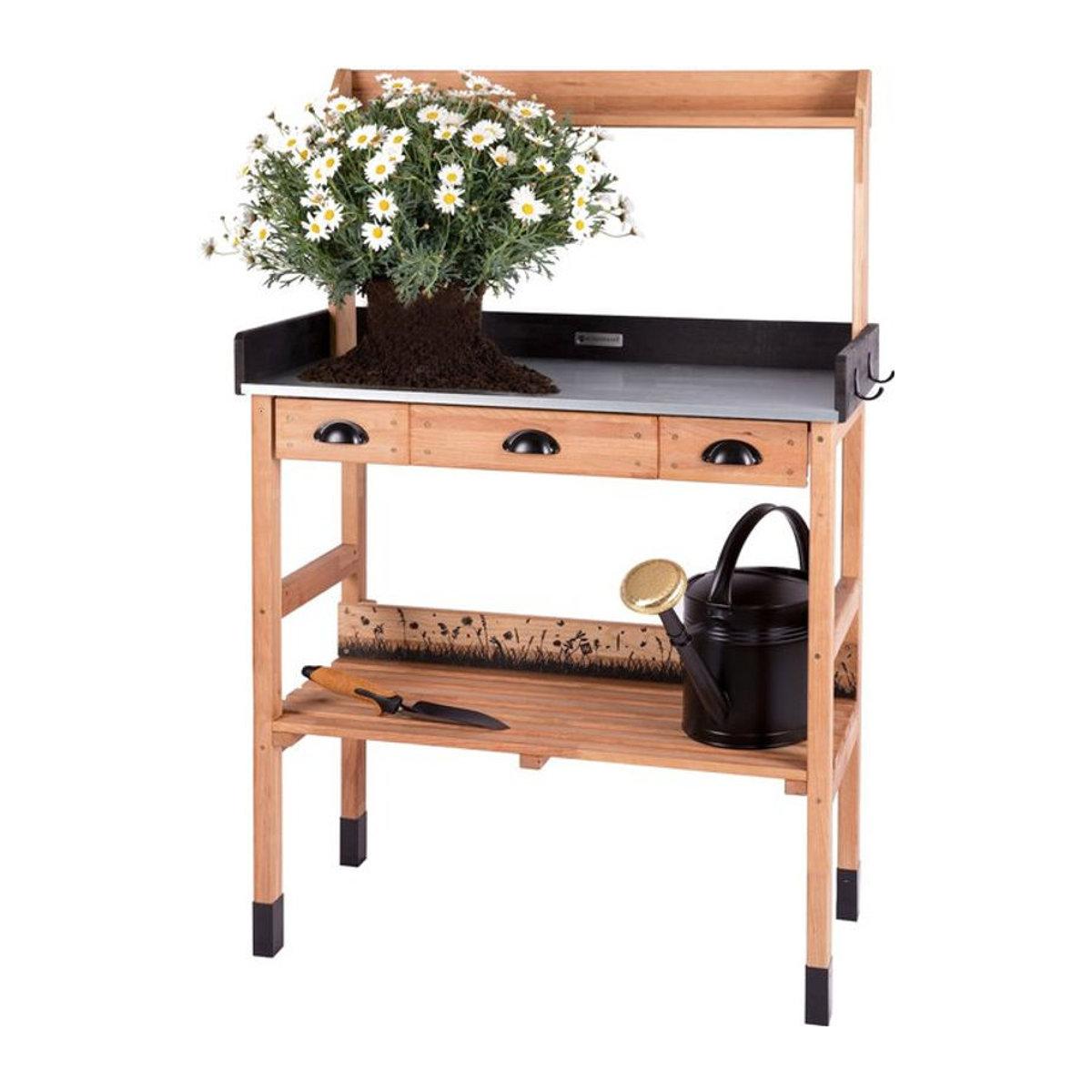 WONDERMAKE Premium Pflanztisch aus Kirschbaum Holz mit Schubladen, wetterfester Garten-Arbeitstisch XL für Outdoor und Balkon, Dunkel-braun Schwarz - Bild 1