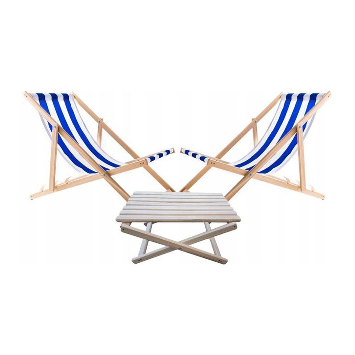 Woodok Gartenliege Set aus Buchenholz mit 2 Strandliegen in Blau gestreift und Couchtisch - Bild 1
