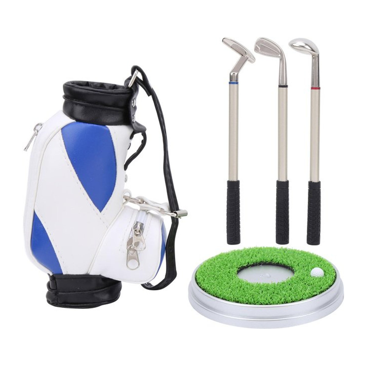 Wosawe Outdoor Sports Mini-Desktop-Stifthalter aus Zinklegierung in Form einer Golftasche mit Golfstiften, Blau-Weiß-Grün - Bild 1