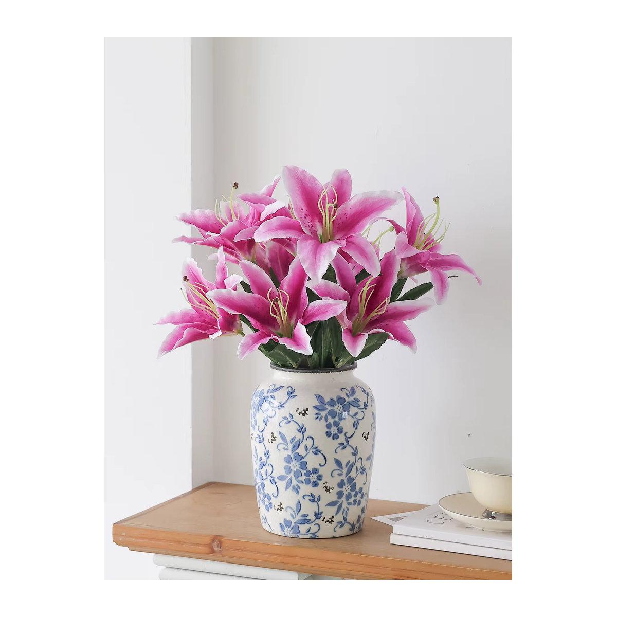 WQNJIN Künstliche Lilien mit 9 Blütenköpfen als dekorativer Blumenstrauß für Hochzeiten in Weiß oder Rosa - Bild 5
